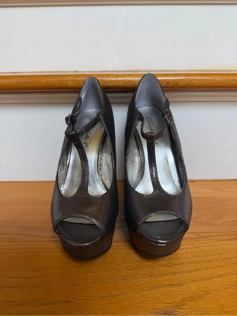 Silver T-Strap Peep-Toe Platform Heels - Women's